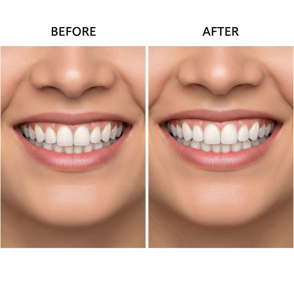 Beautiful before and after dental transformation, bright white teeth smile, cosmetic dental veneer result, professional dental photography, clean white background, high detail