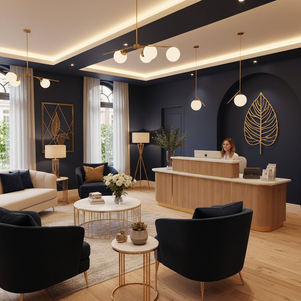 Warm welcoming dental office reception area with navy and gold accents, comfortable seating with warm lighting, tasteful decor, fresh flowers on reception desk, professional and inviting, photorealistic interior photography