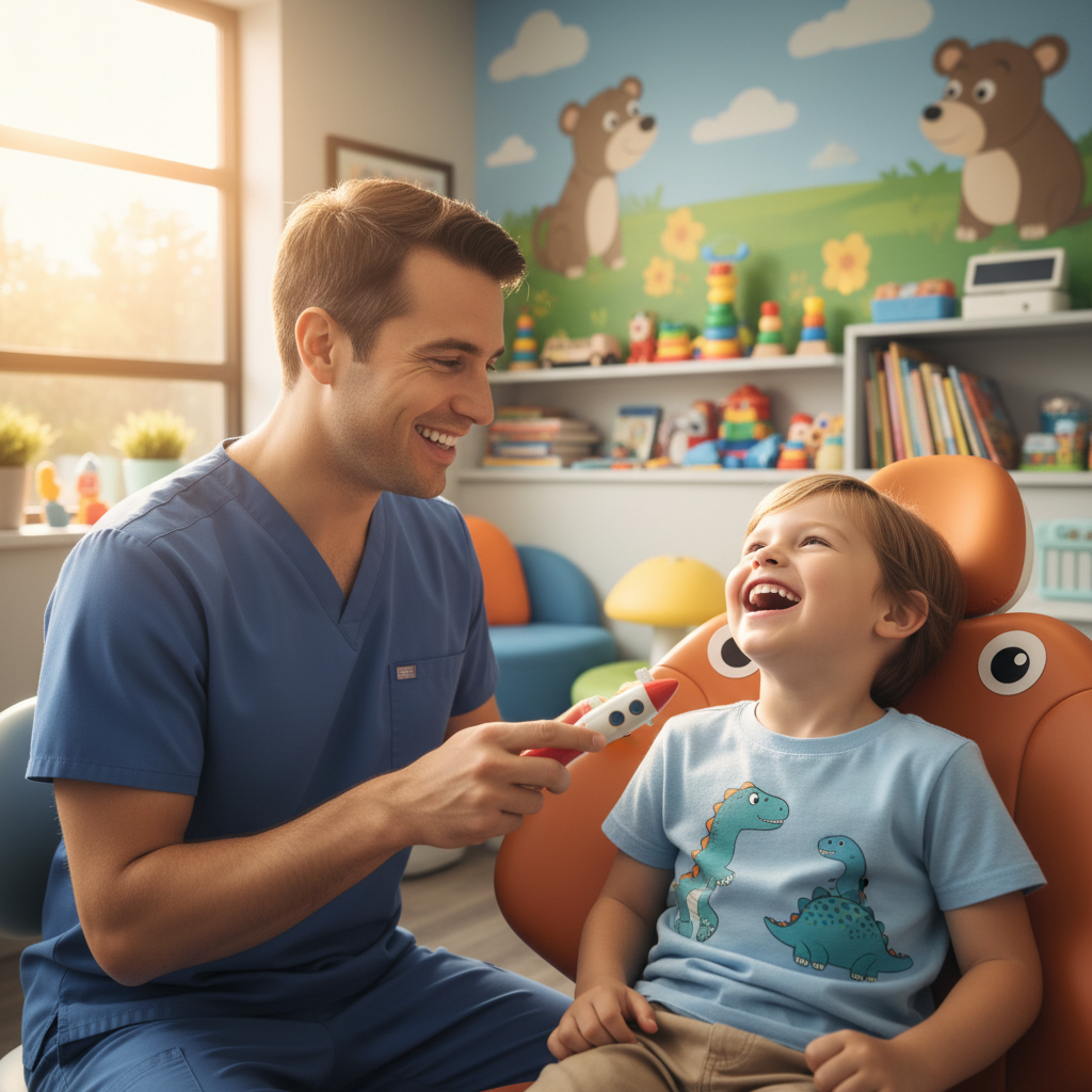 Dr. James Chen pediatric dentist sitting at eye level with a laughing young child patient, both in a colorful dental office, warm and trusting interaction, child looking happy and relaxed, photorealistic professional photography