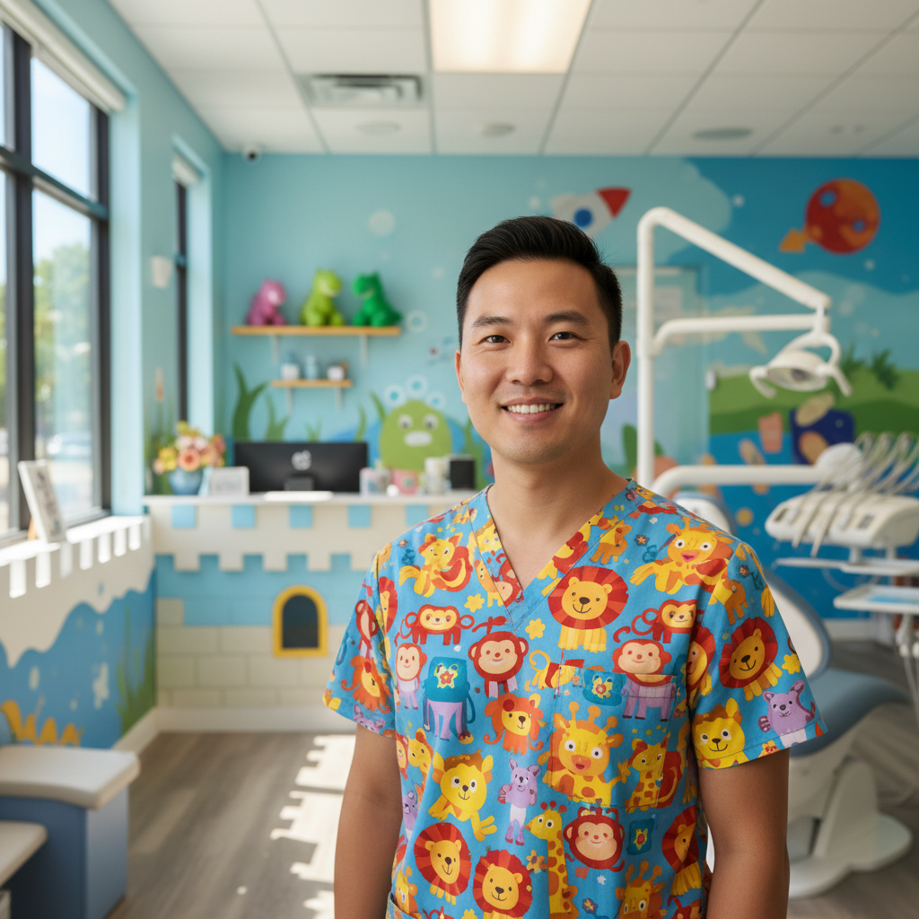 Dr. James Chen, pediatric dental specialist, friendly Asian male dentist in his early 30s, wearing colorful scrubs, warm approachable smile, standing in bright pediatric dental office, natural window light, photorealistic portrait photography