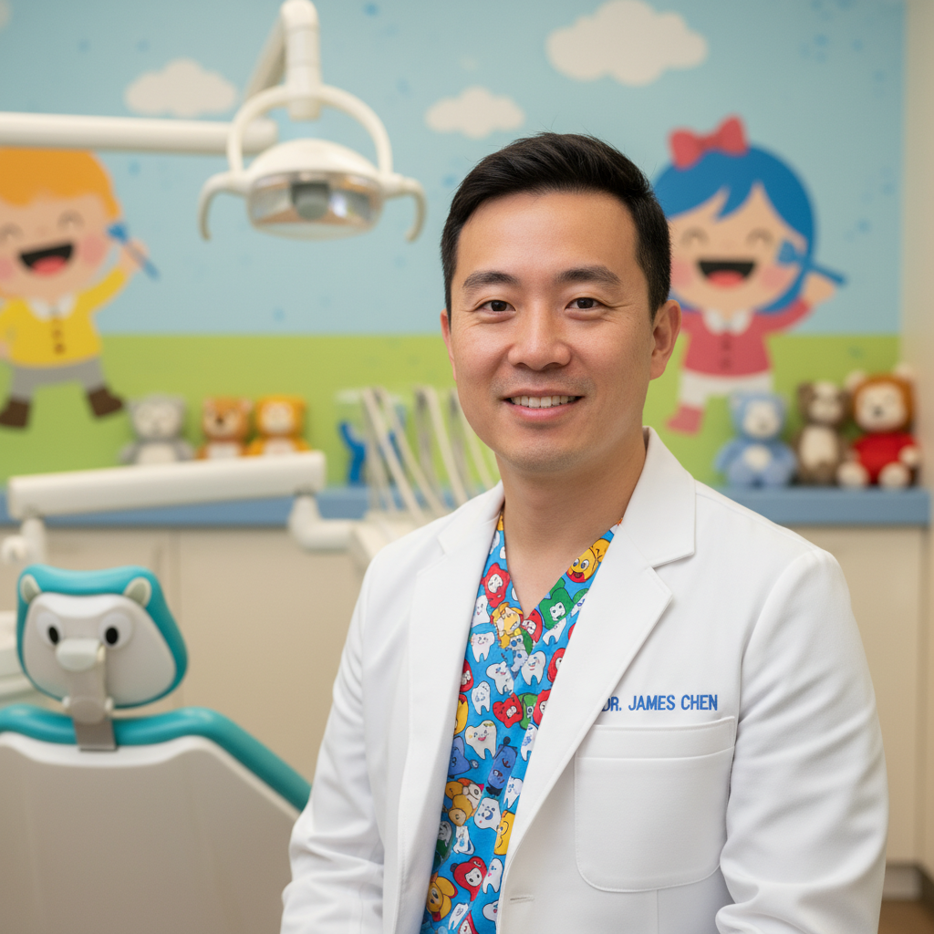 Dr. James Chen, pediatric dental specialist, friendly Asian male doctor in his 30s, wearing colorful scrubs with cartoon tooth pattern, warm reassuring smile, child-friendly dental office background, photorealistic professional portrait