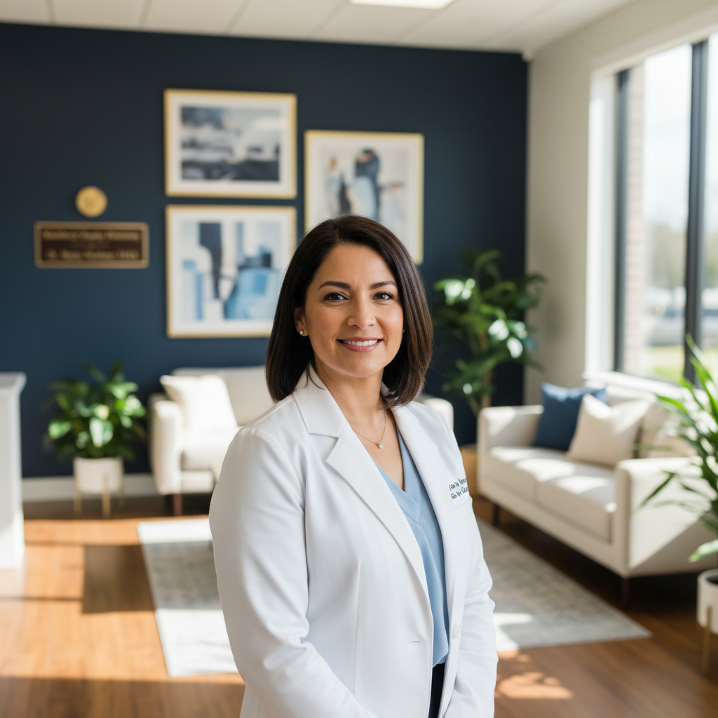 Dr. Maria Martinez, founder of Martinez Family Dentistry, professional Latina female dentist in her late 40s, wearing white coat, warm confident smile, standing in well-lit dental office with navy accents, photorealistic professional portrait with natural light