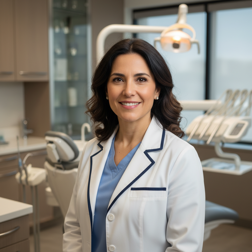 Dr. Maria Martinez, founder of Martinez Family Dentistry, professional female dentist in her late 40s, warm confident smile, white coat with navy lapel, standing in modern dental office, photorealistic professional headshot, warm studio lighting