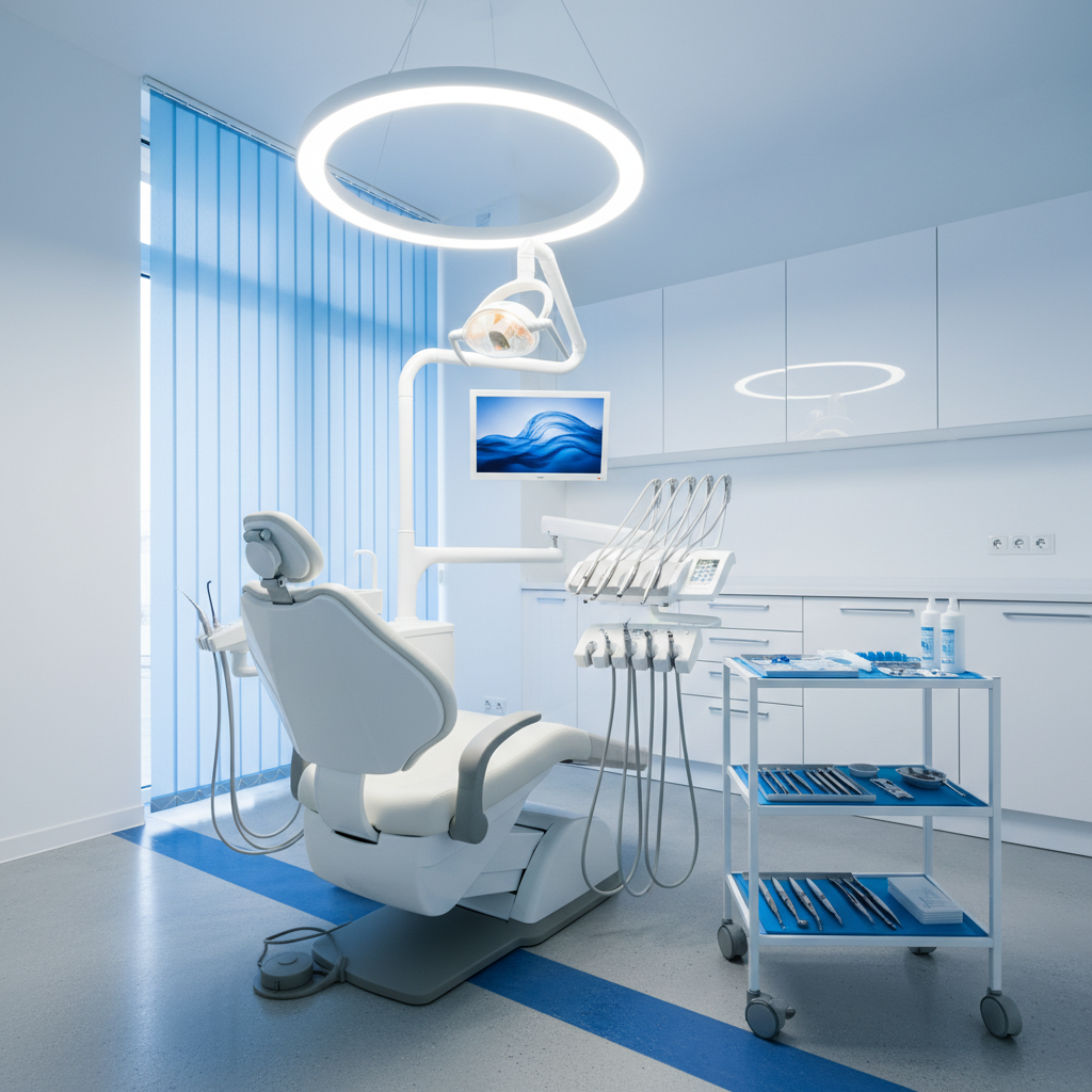 Clean modern dental treatment room with bright overhead lights, dental chair, organized instruments, white and blue color scheme, welcoming clinical environment, photorealistic