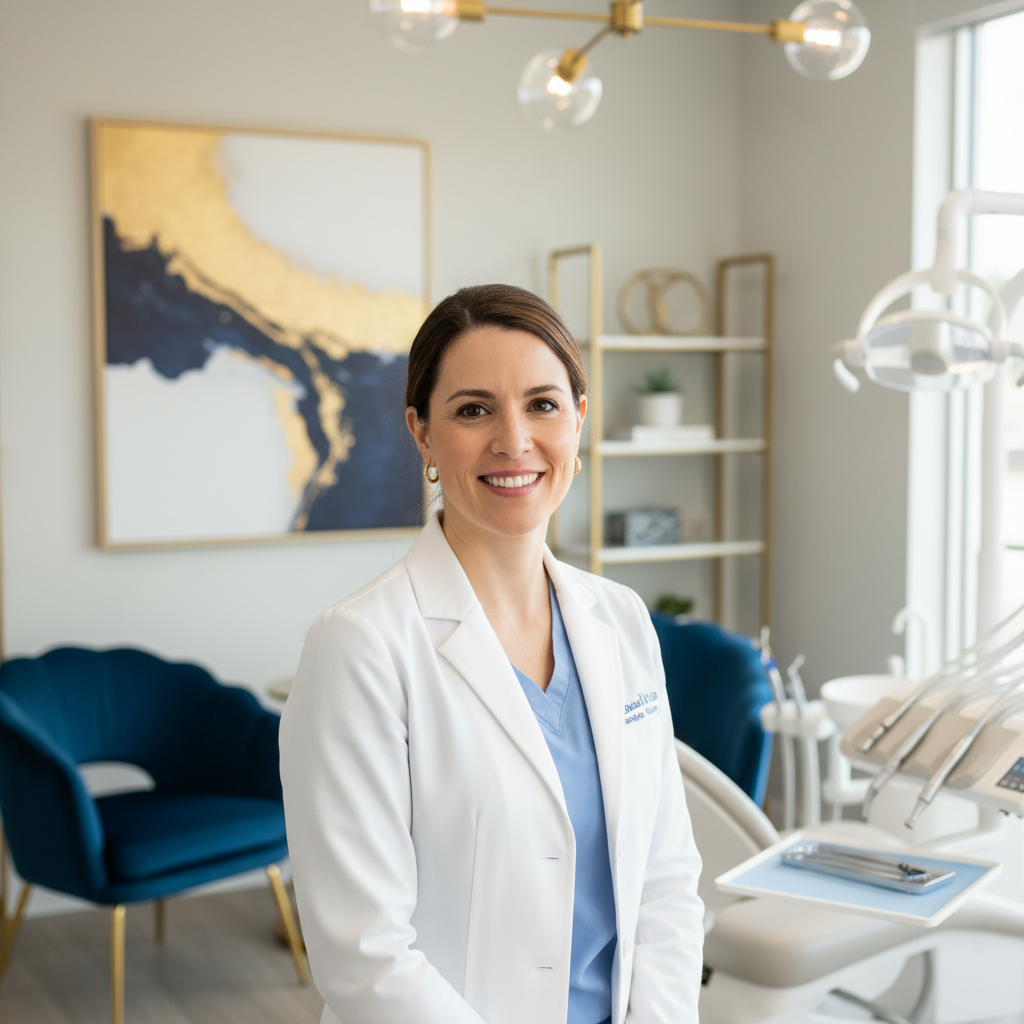 Dr. Maria Martinez, a warm and professional female dentist in her 40s, wearing a white coat and friendly smile, in a modern dental office with navy and gold accents, bright clean environment, photorealistic portrait photography