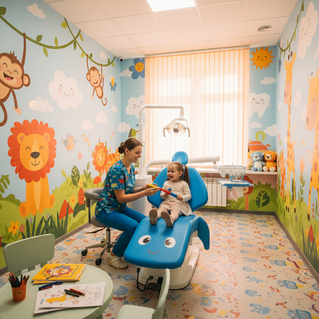 Child-friendly dental office with colorful murals on the walls, small dental chair for kids, friendly pediatric dentist, warm and cheerful atmosphere, bright colors, photorealistic