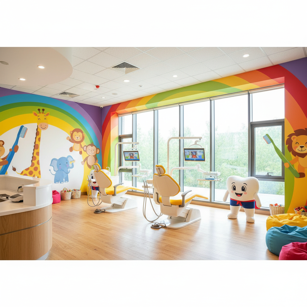 Bright cheerful pediatric dental wing, rainbow colored walls with friendly animal murals, two child-sized dental chairs in bright yellow, cartoon tooth mascots, big windows with natural light, modern and welcoming, wide angle interior photography
