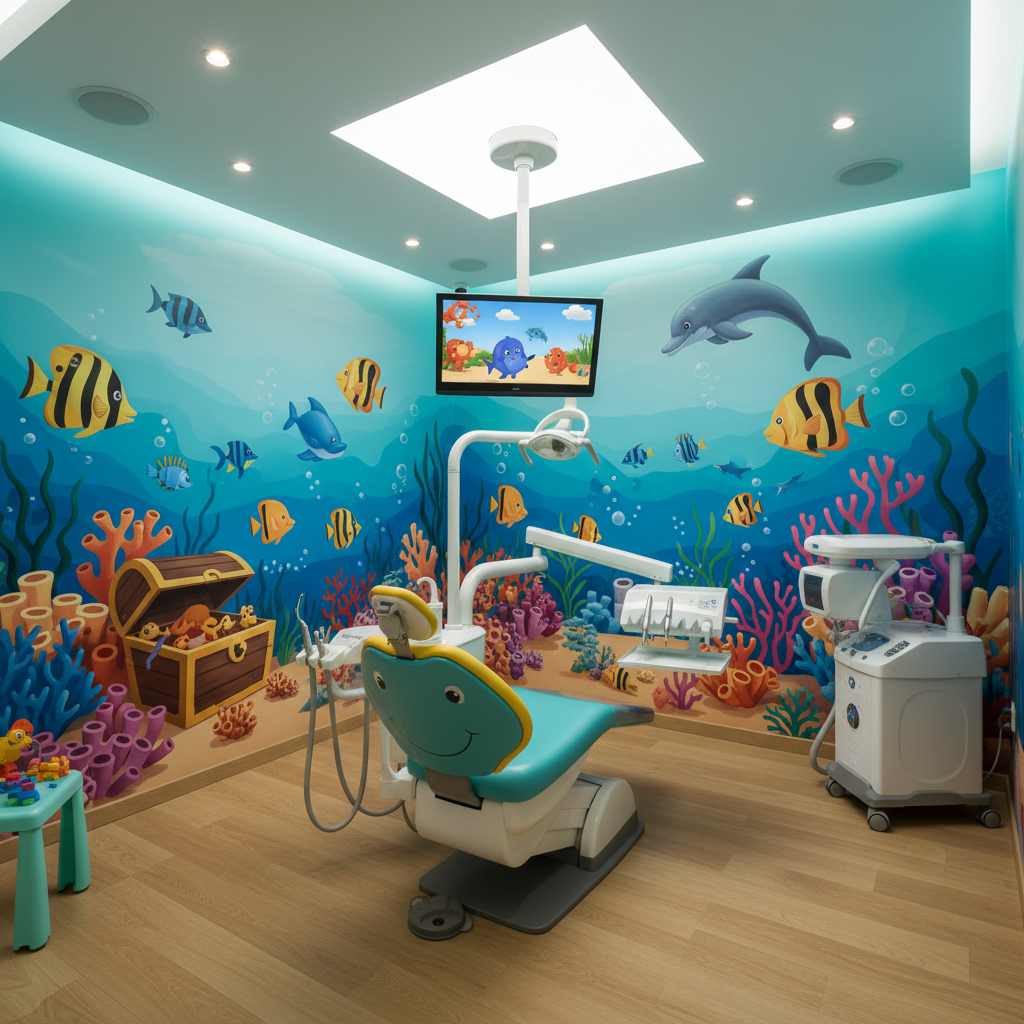 Child-themed dental treatment room with ocean mural on the wall, teal and yellow color scheme, child-sized dental chair, ceiling mounted screen showing cartoons, clean modern equipment, photorealistic interior