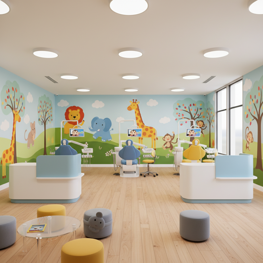 Brand new pediatric dental wing interior, colorful murals of animals and nature on walls, child-sized dental chairs in bright blue and yellow, cheerful warm lighting, clean modern design, inviting for children, photorealistic interior photography