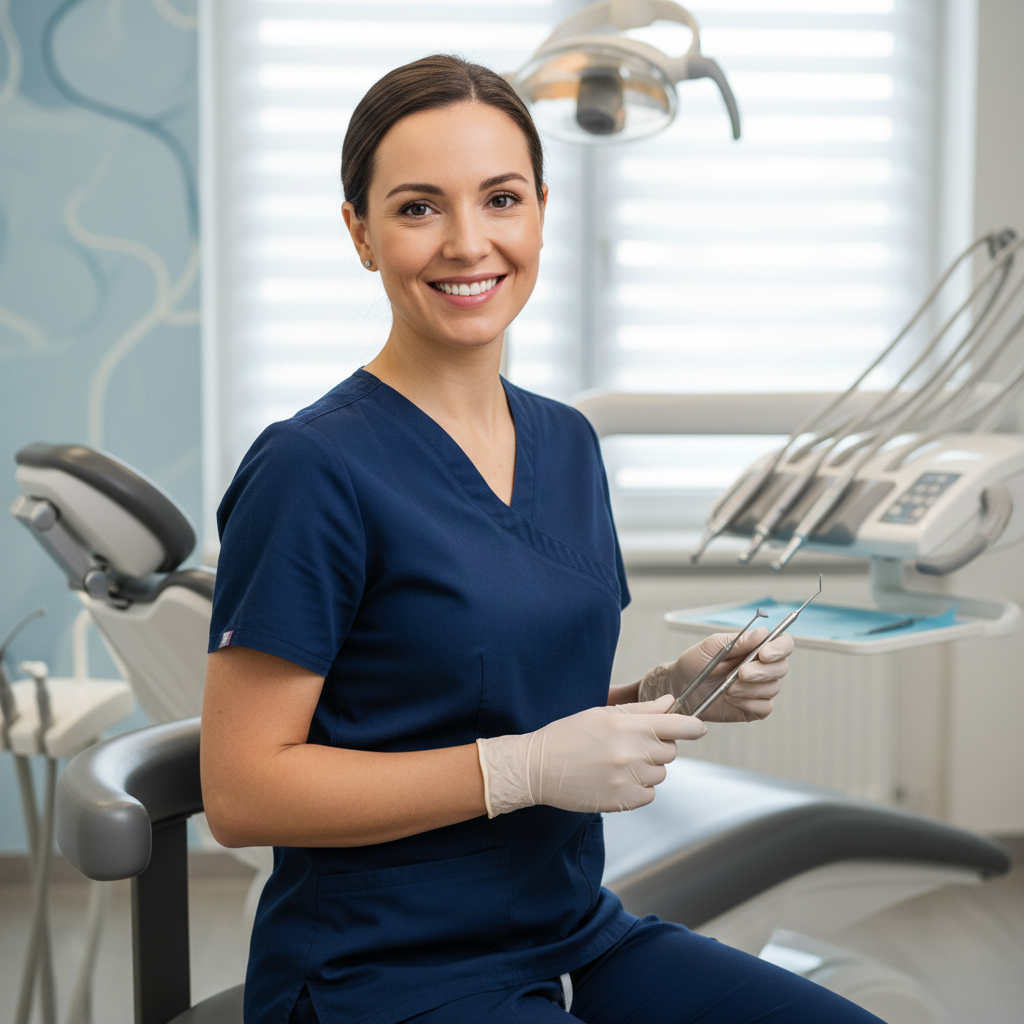 Sarah the dental hygienist, friendly professional woman in her early 30s, wearing navy dental scrubs, warm genuine smile, holding dental tools, modern dental office background, natural soft lighting, photorealistic professional portrait